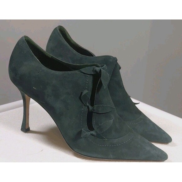 Manolo Blahnik Size 9.5 Bows Green Suede 4" Heel Pointed Toe Stilletto Heels - Picture 3 of 12